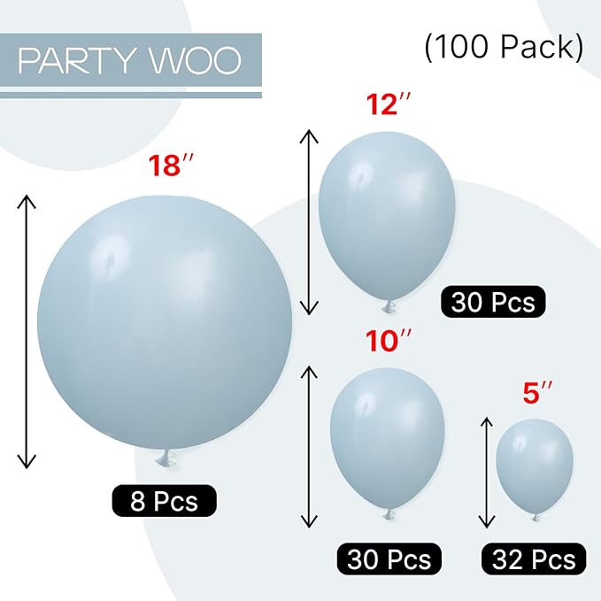 PartyWoo Dusty Blue Balloons 100 pcs Different Sizes of 18 12 10 5 Inch Light Blue Aqua Balloon Arch Kit Garland for Graduation Wedding Baby Shower Gender Reveal Birthday Party Decorations Blue-F28