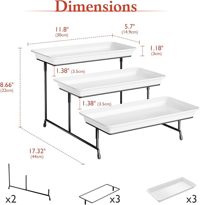 3-Tier Melamine Serving Tray Set, 11.5" x 5.6" Platters for Serving Food, White Reusable Trays with Black Metal Display Stand for Cupcakes, Sevring Food, Dessert, Fruit, Cookie, Black