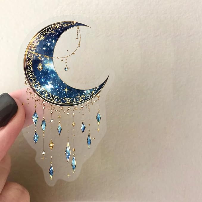 50PCS Dreamy Moon Crystal Gem Stickers Fashionable Transparent PET Material Decorative Sticker Clear Celestial Vinyl Decals with Stars,Crystals Galaxy Designs for Collectors,DIY Lovers...(Moon)