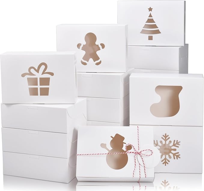 COTOPHER 18Pcs Christmas Cookie Boxes with Window, 9x6x3 inch White Bakery Boxes for Gift Giving, XMAS Treat Boxes Holiday Pastries Boxes for Cakes Muffins Donuts Chocolate Strawberries