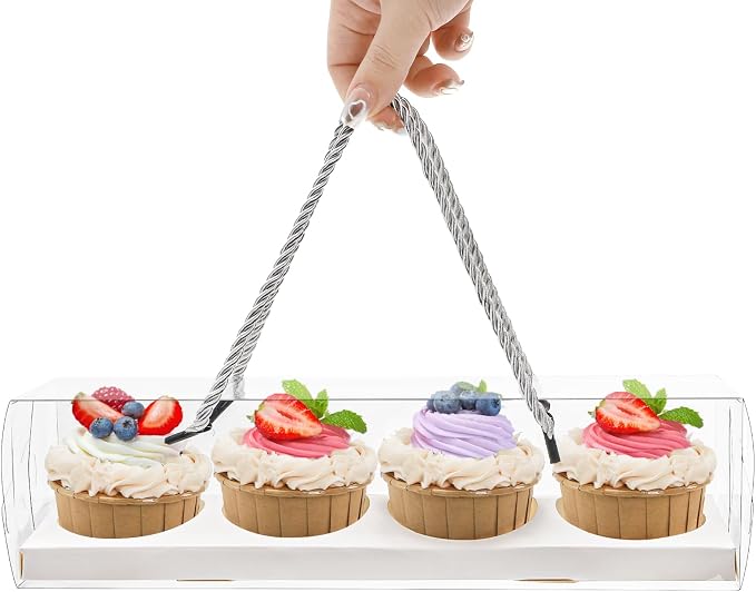 Coloch 24 Pack Clear Cupcake Box with Handle, 12 x 3 x 3 In 4 Count Plastic Cupcake Container with 4 Count Baked Dessert Box, for Cupcake, Dessert, Muffins, Party, Mother's Day, Wedding