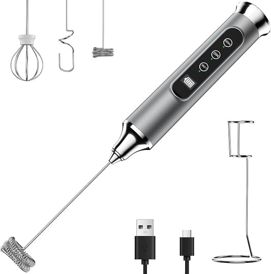 YUSWKO Milk Frother Wand for Coffee with Stand, Coffee Frother Handheld | Rechargeable Drink Mixer Wand, Waterproof Electric Whisk for Protein Powder, Lattes, 3 Variable Speeds 3 Whisks, Silver