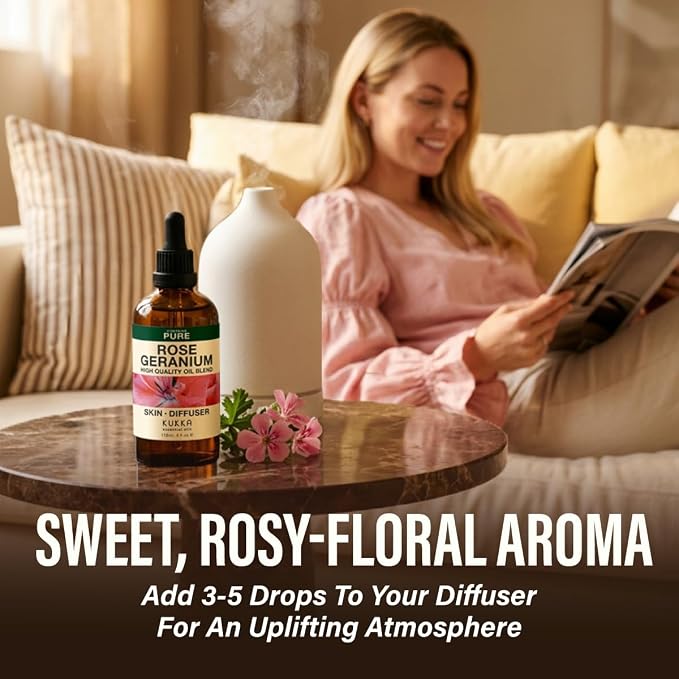 100% Pure Rose Geranium Oil - 4 Fl Oz Rose Geranium Essential Oil for Hair, Skin, Diffuser, Aromatherapy & DIY Soap Making Scent