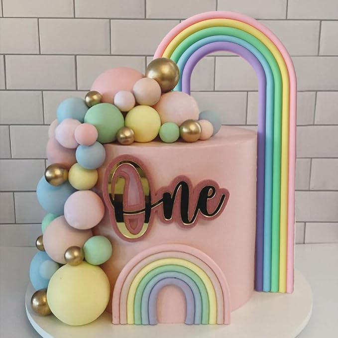 28PCS Rainbow Cake Toppers Colorful Balls Cake Decorations for Wedding Baby Shower Girls Boys Birthday Party Supplies (Macaron)