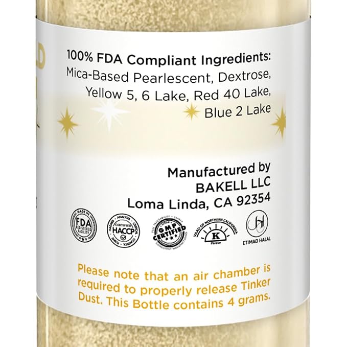 Bakell - Champagne Gold Tinker Dust (4g, 1x Mini Spray Pump) Edible Glitter for Food, Desserts, and Baked goods!