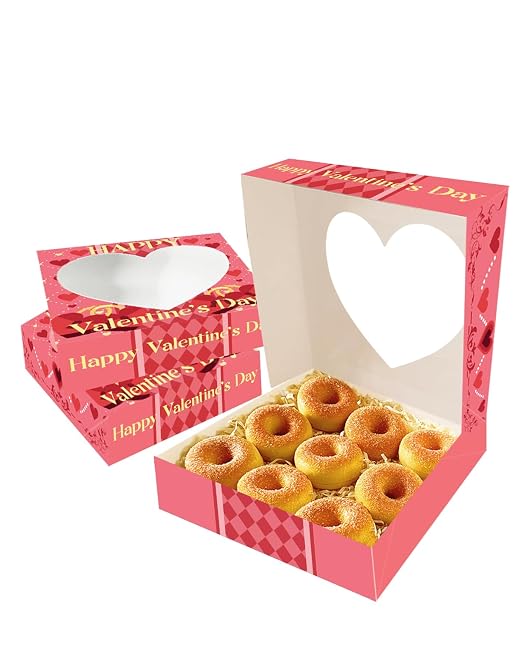 qiqee Auto-pop Up Valentine 12pcs Pie Boxes 10x10x2.5 inches Easy Assemble Macaroon Cookie Bakery Boxes with Window for Valentine's Day