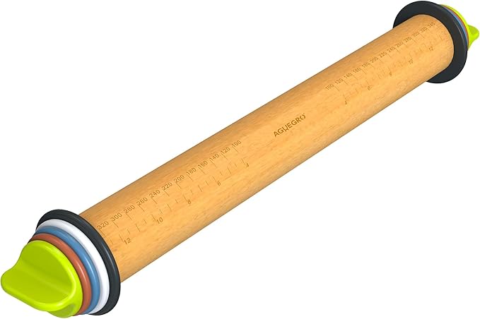 Rolling Pin with Adjustable Thickness Ring, Dough Thickness for Baking, Fondant, Pizza, Crust, Cookies, Pastry, 13.6'' Wooden Rolling Pin with 4 Multi-Color Thickness Rings
