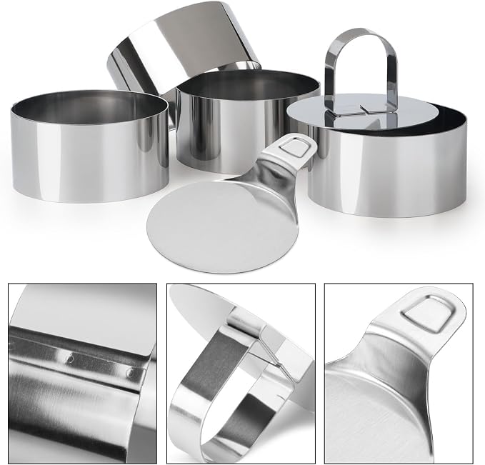 HULISEN Round Cake Ring Mold Set, 3" Crumpet Rings, Stainless Steel Dessert Cooking Molds with Presser & Lifter, Ideal Tool for Mousse, Pastries, Pancakes, Salads