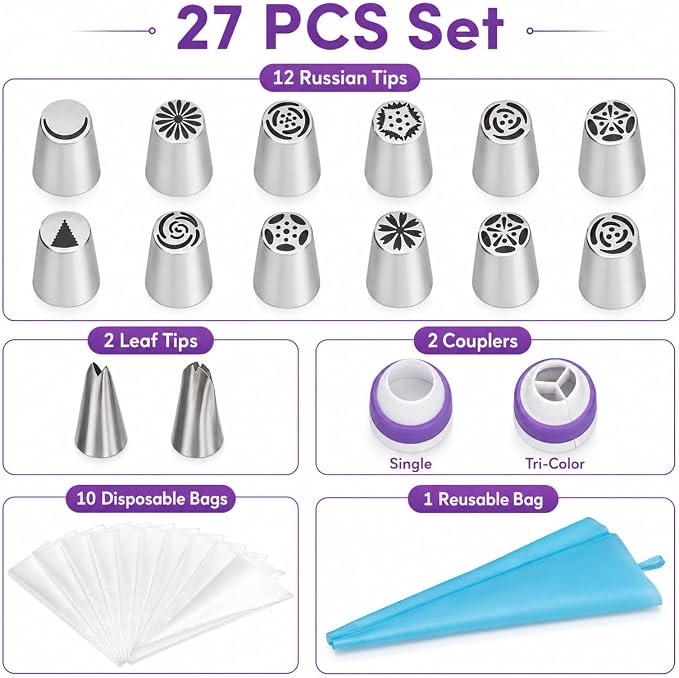 27 PCS Russian Piping Tips Set with Pastry Bags and Couplers, Stainless Steel Flower Piping Tips for Cake Decorating, Flower Icing Tips and Frosting Nozzles for Cupcakes, Cookies and Desserts