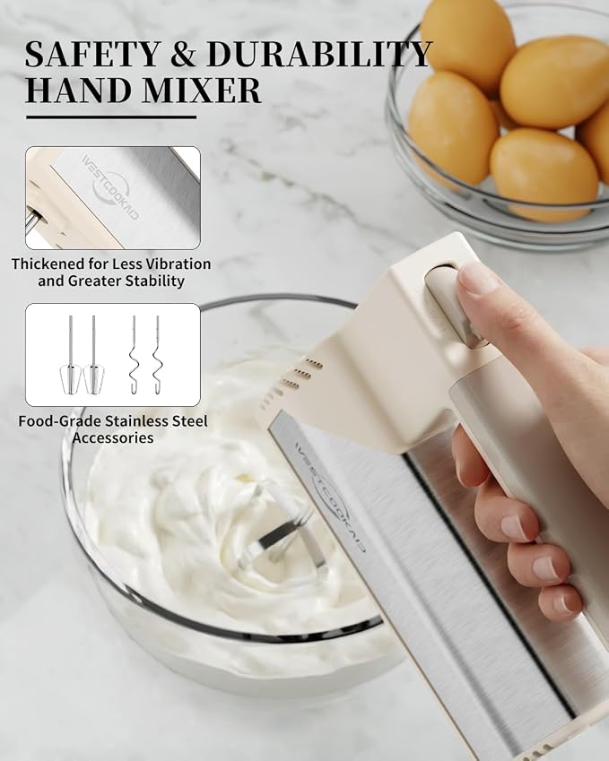 Hand Mixer Electric Handheld, 5-Speed 200W Electric Mixer with Stainless Steel Beaters, Dough Hooks, Portable Hand Mixer, WESTCOOKAID Turbo Ultra Power+ Eject Button for Cakes Eggs, Beige