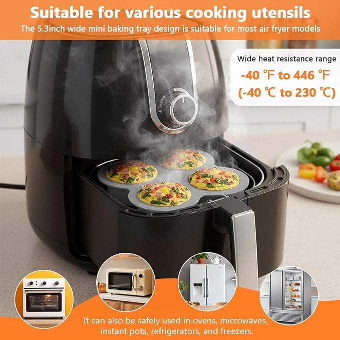 2 Pack Air Fryer Egg Bite Molds, 4 Cups Round Muffin Pans, Silicone Egg Bite Molds with Spreader＆Oil Brush Nonstick Air Fryer Baking Pan for Cupcake, Muffin, Tart, Frittata, Quiche