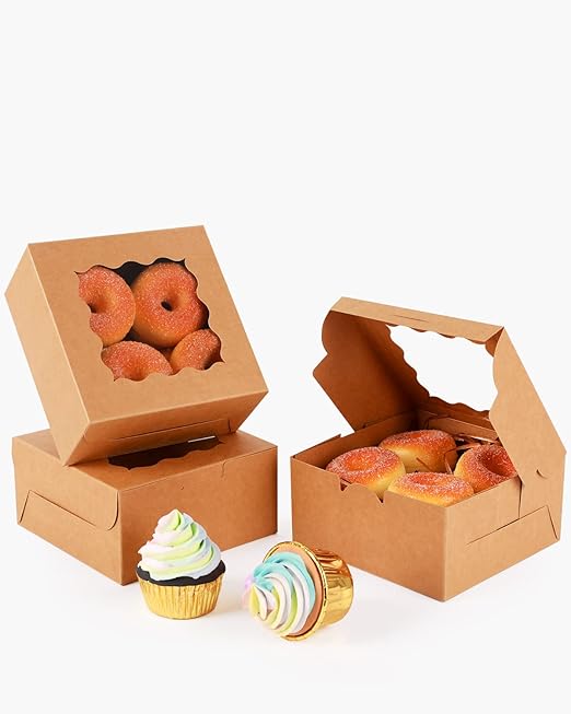 qiqee Kraft Cookie Boxes with Window 60packs 6x6x3 Brown Bakery Box Kraft Paper Boxes for Cookie, Pastry, Cupcake, Pie, Donut