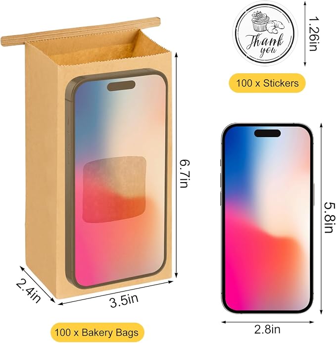 Ocmoiy Small Bakery Cookie Bags with Window, 3.5x2.36x6.7 Inches, 100 Pcs | Tin Tie Tab Lock, Kraft Paper Bags, With Thank You Stickers, For Cookie, Coffee, Bread