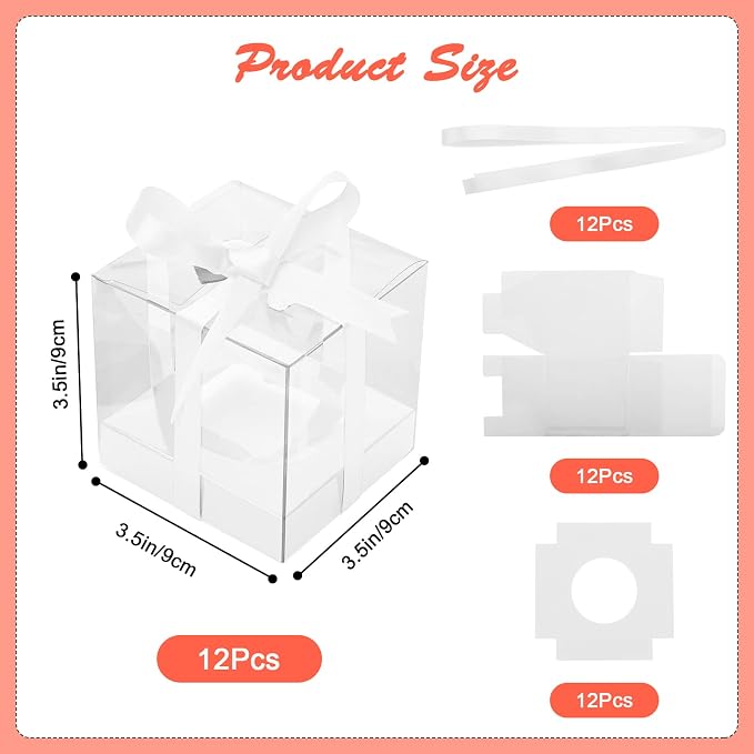 12 Pack Clear Plastic Cupcake Boxes, 3.5 Inch Gold Single Cupcake Containers Disposable Individual Cup Cake Carrier Holder Boxes with Inserts and Ribbon (White)