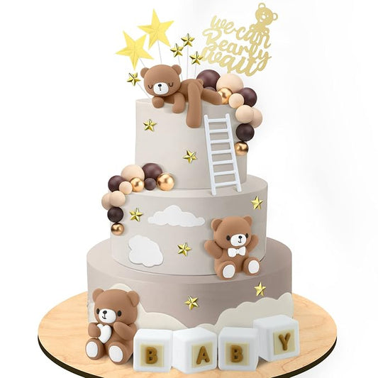 Yinder Bear Cake Toppers Mini Bear Cake Decorations Cake Toppers Gold White Pearl Ball for Birthday Party Decorations(Dark Brown,Cute Style)