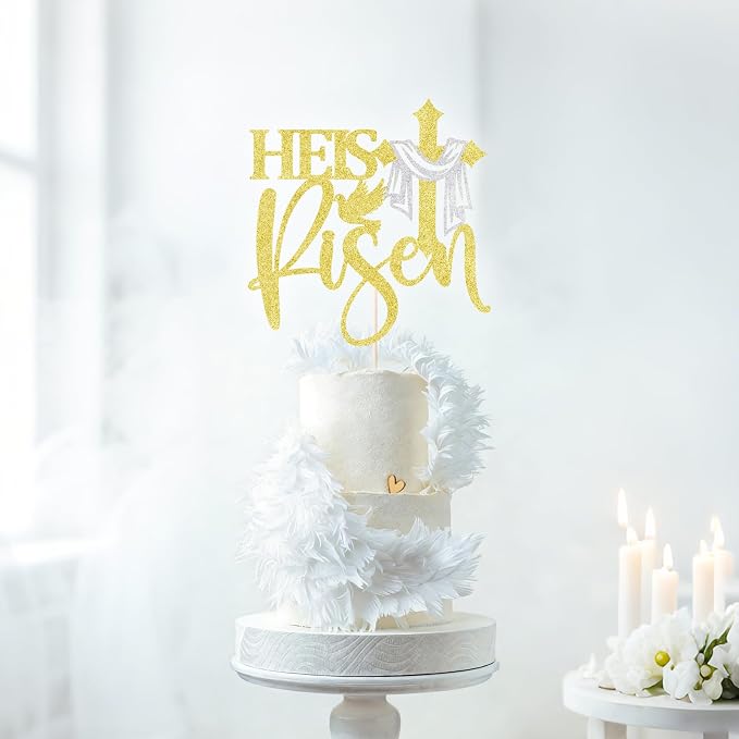 Gold Glitter He is Risen Cake Topper,First Holy Communion Baptism Cake/God Bless Cake Decorations/Jesus Happy Easter Theme Party Cake Decorations