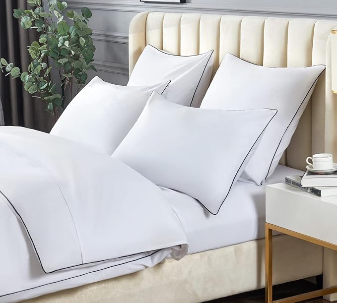 DAUAOTO King Duvet Cover Set, White Microfiber Bedding with Decorative Black Piping, 1 Zipper Closure Cover + 2 Shams