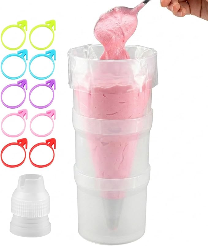 Hands-Free Piping Bag Holder Stand for Filling, Translucent Plastic Icing Bag Rack with 10 Pack Silicone Retaining Rings & Piping Tip Converter, Cake Decorating Baking Accessories