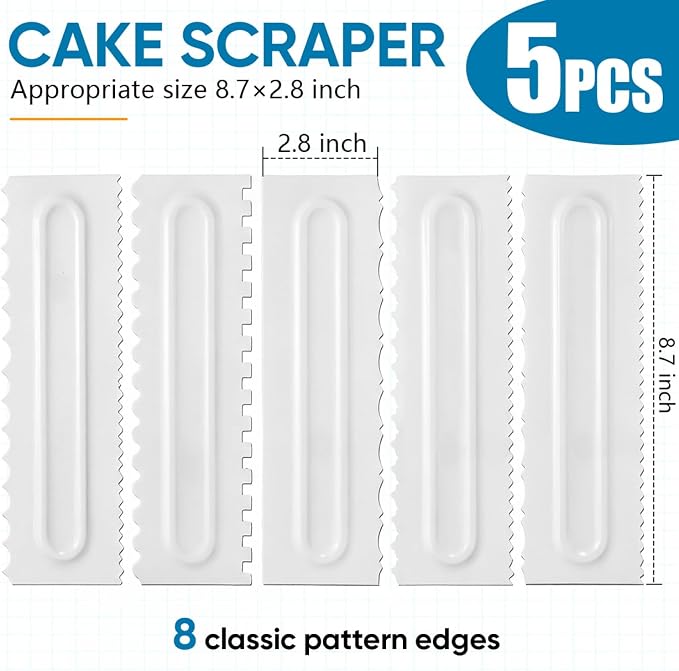 SenseYo 5 Pcs Cake Scraper Smoother, 9 Inch Plastic Decorating Comb Cream Cake Edge DIY Tools for Icing Mousse Butter, White