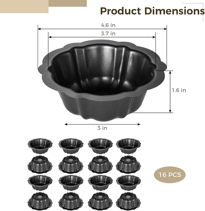 Homaisson 16 Pcs Mini Fluted Tube Pan small Cake Pans, 4.5Inch Carbon Steel Mini Flan Molds Pan, Nonstick Cake Pan Reusable small Tube Oven Baking Mold for Cupcake, Bread, Bavarois, Brownie