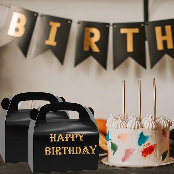 30Pcs Black Party Favor Treat Boxes Goodie Gable Paper Gift Box | Candy boxes with Handles Perfect for Birthday, Baby Shower and Any Fun Party Decoration Supplies