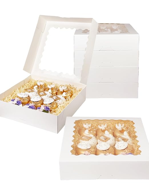 Bakepacker 20pcs White Pie Boxes 12x12x3 inches Easy Assemble Macaroon Cookie Boxes Bakery Boxes with Window for Bakery (Auto-pop Up)