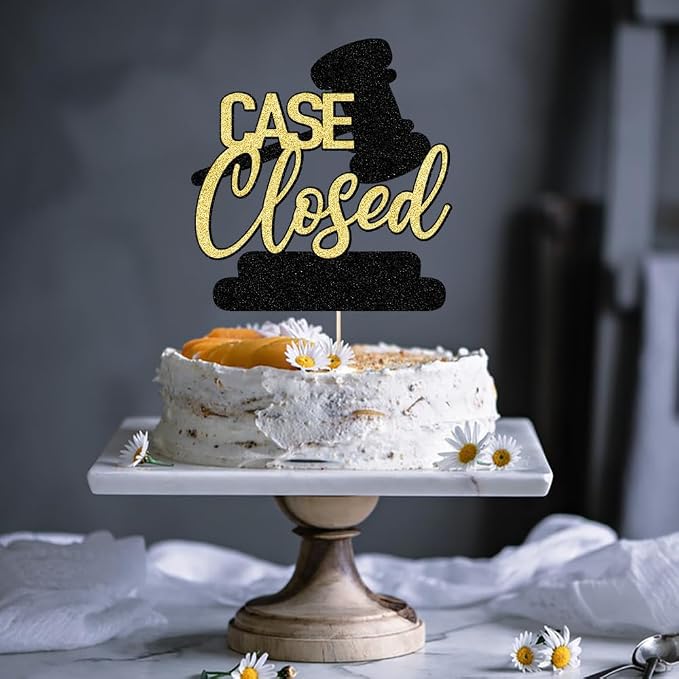 Case Closed Cake Topper - Congrats Lawyer Cake Decor - Law School/College Graduation Black Gold Glitter Party Decorations Supplies