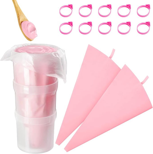 Piping Bag Holder Stand for Filling, Pastry Piping Bag Holder Stand, Clear Cream Icing Bag Holder with 2 Pack 14 Inch Reusable Piping Bags & 10Pcs Pastry Bag Ties