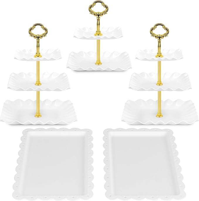 NWK 5 Piece Cake Stand Set with 2 x 3-Tier Cupcake Stands, 1 x2-Tier Cupcake Stands, 2 x Appetizer Trays, for Wedding Birthday Baby Shower Tea Party Decorations (5, Gold, Square)