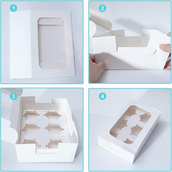Yeplan 50 Packs Cupcake Boxes,9.4x6.1x3.14 Inches 6 Count Cupcake Box,White Cupcake Containers with Clear Window and Six Treat Holder,Pastry and Cookie Boxes,Bakery Boxes