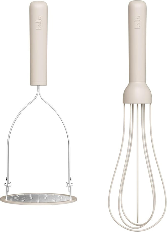 bella 2-Piece Compact Masher and Whisk Set, Fold Flat, Stainless steel and silicone, Foldable Masher, Ballon Whisk, Flat Whisk, Non-stick, Nonslip, Heat safe to 425°F, Oatmilk