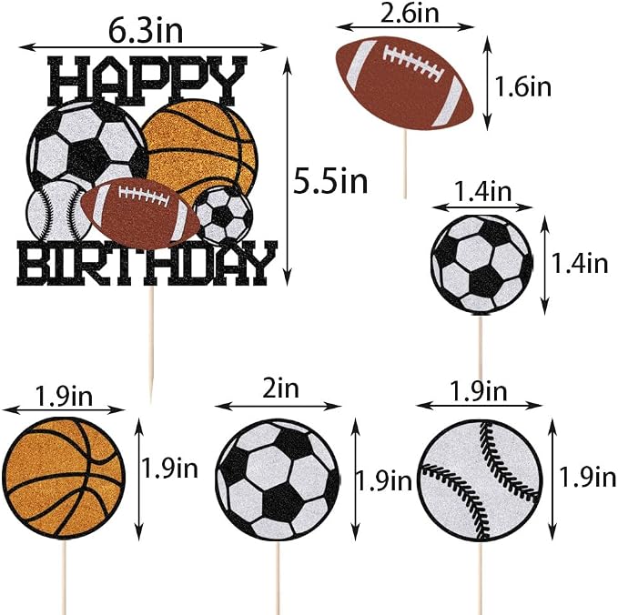 6pcs sports Happy Birthday Cake Topper， | Boys and Girls Sport Theme Party Decoration，for Ball Sports Themed Birthday Parties or Game Day Celebrations