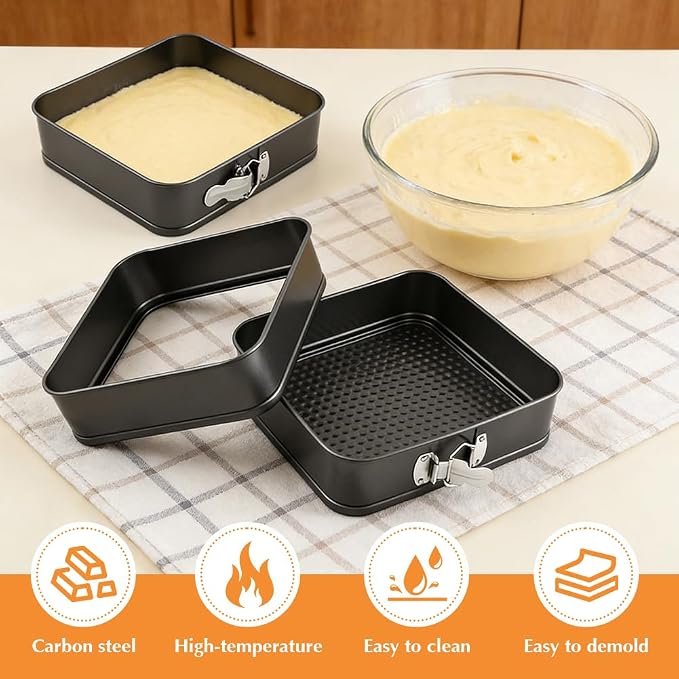 Set of 3 Springform Cake Tins Heavy Duty, Double Layer Non-Stick Coating, Removable Base, Heavy Duty Carbon Steel, Perfect for Frozen Desserts - Oven Safe Bakeware(SIZE:square)