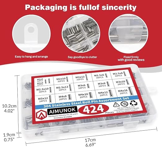 424-Piece Stainless Steel Roll Pin Kit – Spring Dowels, Slotted & Split Pins (M1.5-M6, 14 Types) – Corrosion-Resistant Fasteners for Machinery, Automotive & DIY Repairs