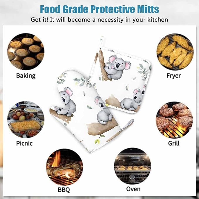 Mxocom Cute Koalas Oven Mitts and Pot Holders Sets Kawaii Baby Koala Mom Koala Tropical Leaves Silicone Heat Resistant Kitchen Oven Gloves Pot Holder for Cooking