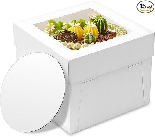 15pcs Cake Boxes, 10x10x8 Inch Cake Box With Viewing Window and Cake Board and Stickers, Tall Cake Box, Suitable for Birthday, Party, Wedding, Banquet