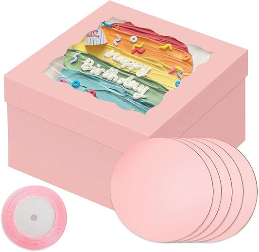 Bakepacker 12x12x8 Cake Box, 18 Sets Pink Cake Box with Window ＆ 18 Sets 12" Cake Round Boards, 12inch Cake Containers, 10 Meters Silk Ribbon