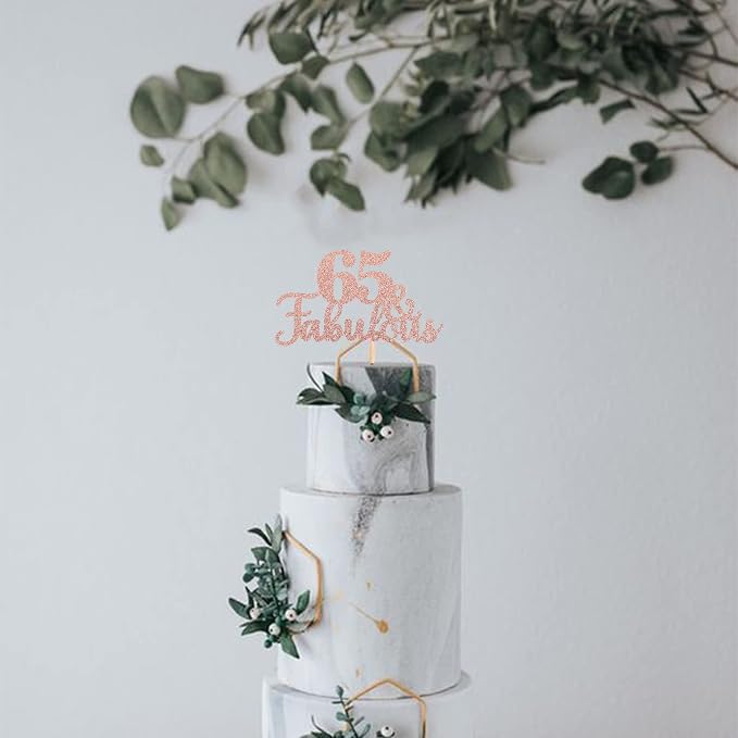 1 PCS 65 & Fabulous Cake Topper Glitter Sixty Five and Fabulous Cake Toppers Happy 65th Birthday Cake Pick for 65th Wedding Anniversary Birthday Party Cake Decorations Supplies Rose Gold