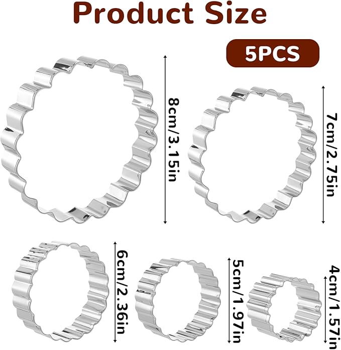 5 Pce Fluted Round Cookie Cutter Set, Circle Shaped Geometric Circle Cookie Cutter for Kitchen Baking, Donut Cutter Ring Scalloped Edge Wavy, Stainless Steel, (1.6", 2", 2.4", 2.8", 3.1")