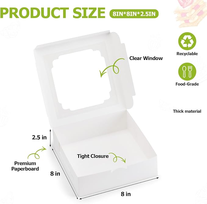 20-Pack Bakery Boxes with Window, 8"x8"x2.5" White Treat Boxes for Dessert, Cookie, Chocolate Strawberry, Donut and Pastry