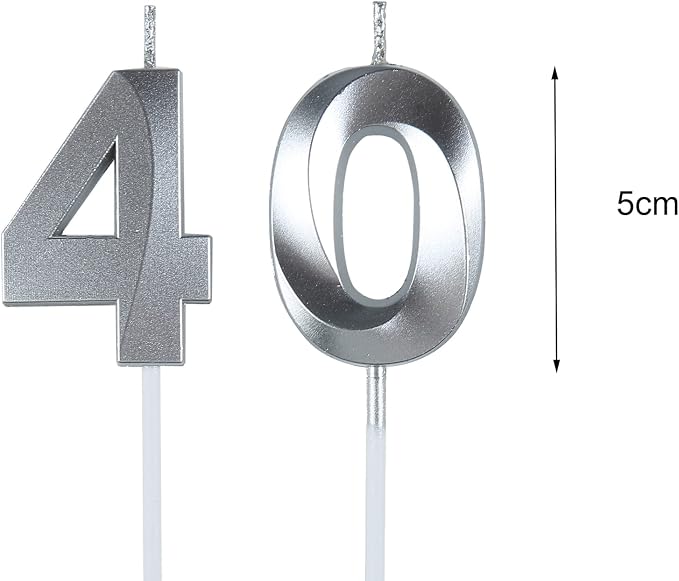 Silver 40th Birthday Candles, Number 40 Cake Topper for Birthday Decorations Party Decoration