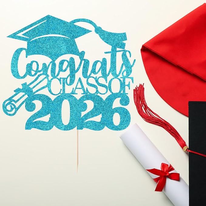Congrats Class Of 2026 Cake Topper, Glitter Graduation Party Supplies - High School College Graduates -College Graduate Cake Topper Decorations Supplies (blue)