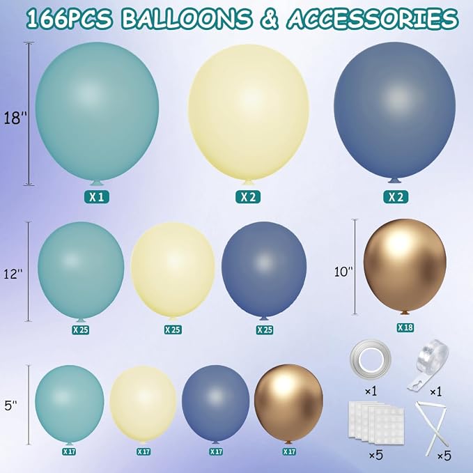 MEBAY Dusty Blue Balloon Garland Arch Kit, 166Pcs Retro Blue Pastel Baby Blue Macaroon Yellow Gold Metallic Balloons for Baby Shower Wedding Boy Birthday Decoration