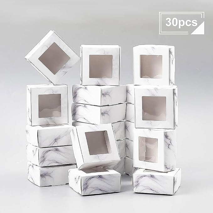BENECREAT 30 Pack of Marble Cookie Boxes 6.5 x 6.5 x 3 cm with Window White Bakery Treat Boxes for Sweets, Small Objects