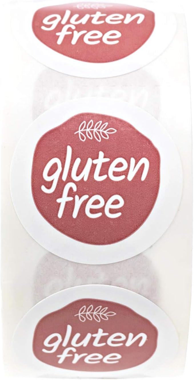 Rose Pink Gluten Free Stickers / 500 Circle Labels / 1" Round Food Seals/Chic Design with Foliage Aesthetic