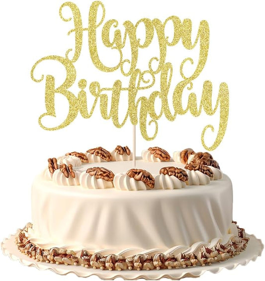 Happy Birthday Cake Topper- Glitter Happy Birthday Cake Decor, Handmade Anniversary/Birthday Party Supplies (Gold)
