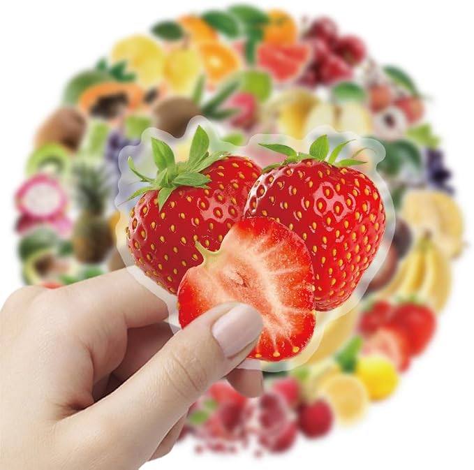 100Pcs Fruit Mix PET Stickers Pack, Transparent Fruit Stickers Waterproof Fruits Decals for Water Bottles Laptop Scrapbooking Journaling Guitar Suitcase Phone Gifts for Kids Teens