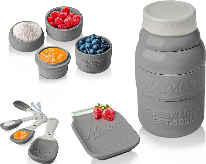 Comfify Gray Mason Jar Measuring Set – 4 Cups, 4 Spoons, Spoon Rest | Gray; ceramic; 9-piece set; 4 measuring cups + 4 measuring spoons + spoon rest; mason jar design; hand wash only