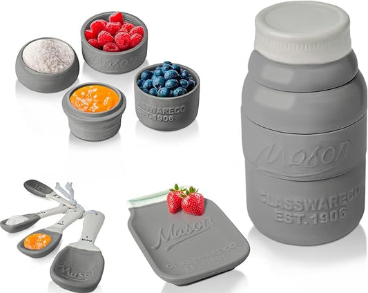 Comfify Gray Mason Jar Measuring Set – 4 Cups, 4 Spoons, Spoon Rest | Gray; ceramic; 9-piece set; 4 measuring cups + 4 measuring spoons + spoon rest; mason jar design; hand wash only