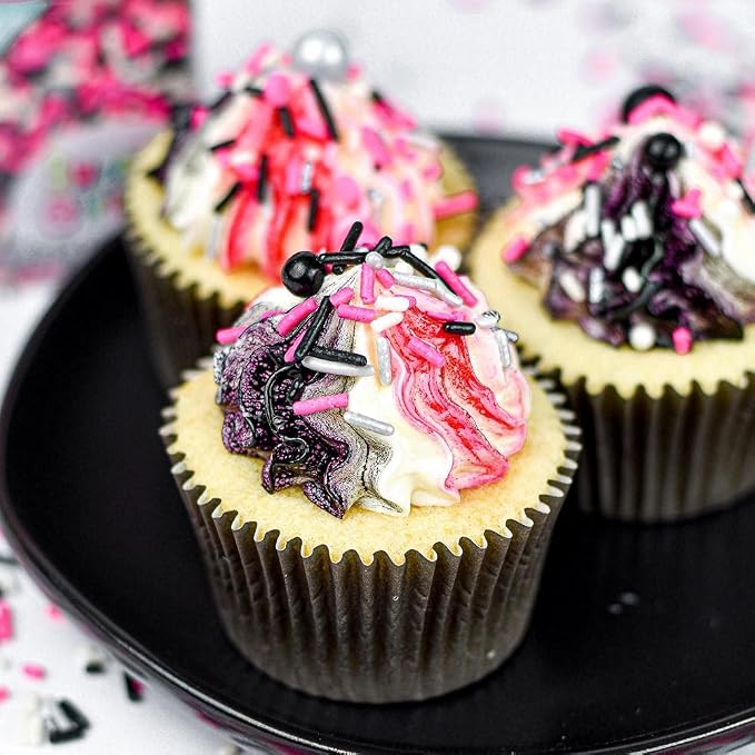 Black Pink Sprinkles for Cake Decorating, Baking - Fancy Minnie Mouse Sprinkles for Cupcake Decorating - Edible Minnie Mouse Cake Decorations in Pink and Black Princess with Jimmies, Pearls